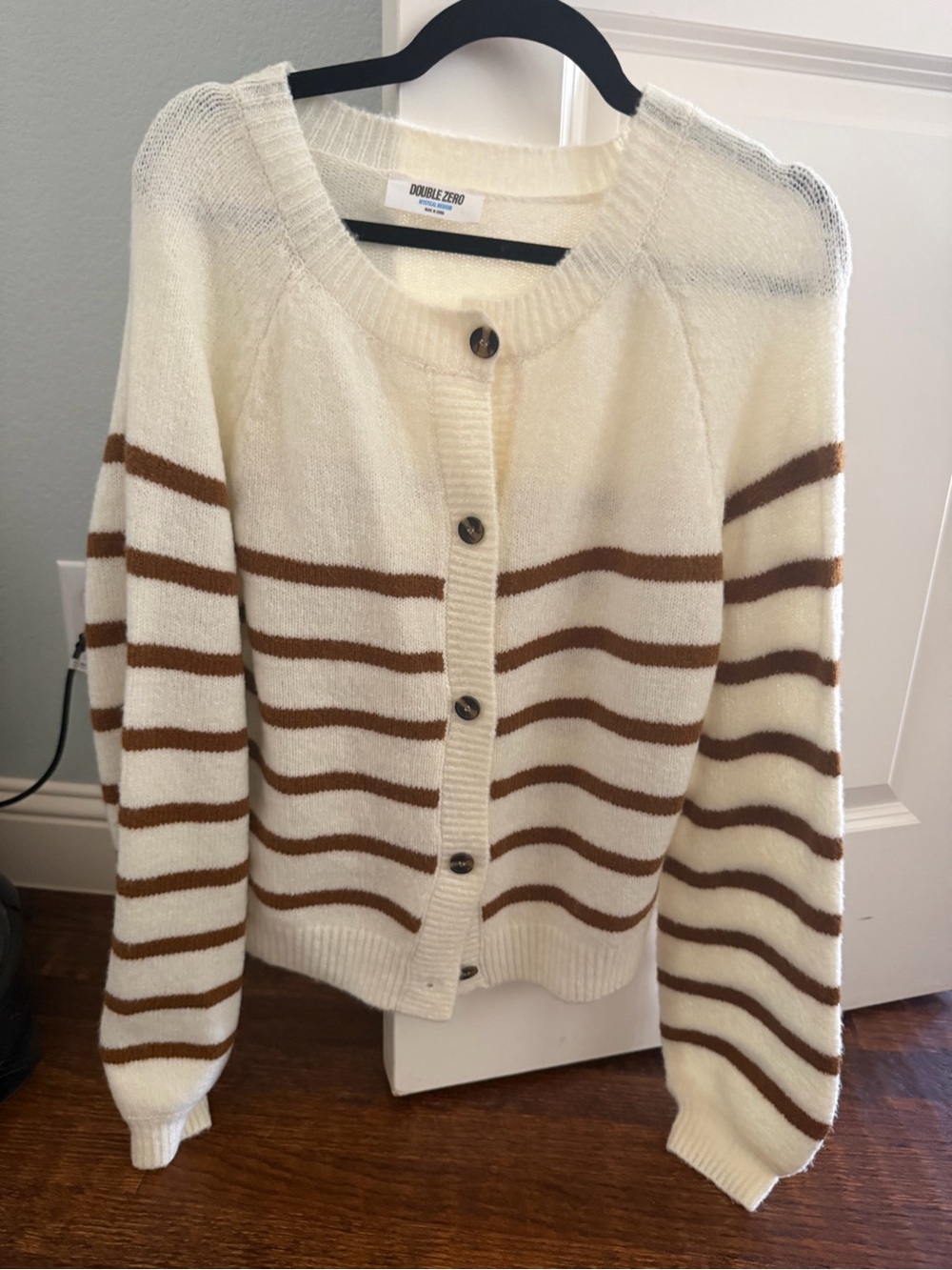 Double Zero Cream and Brown Striped Button-Up Cardigan